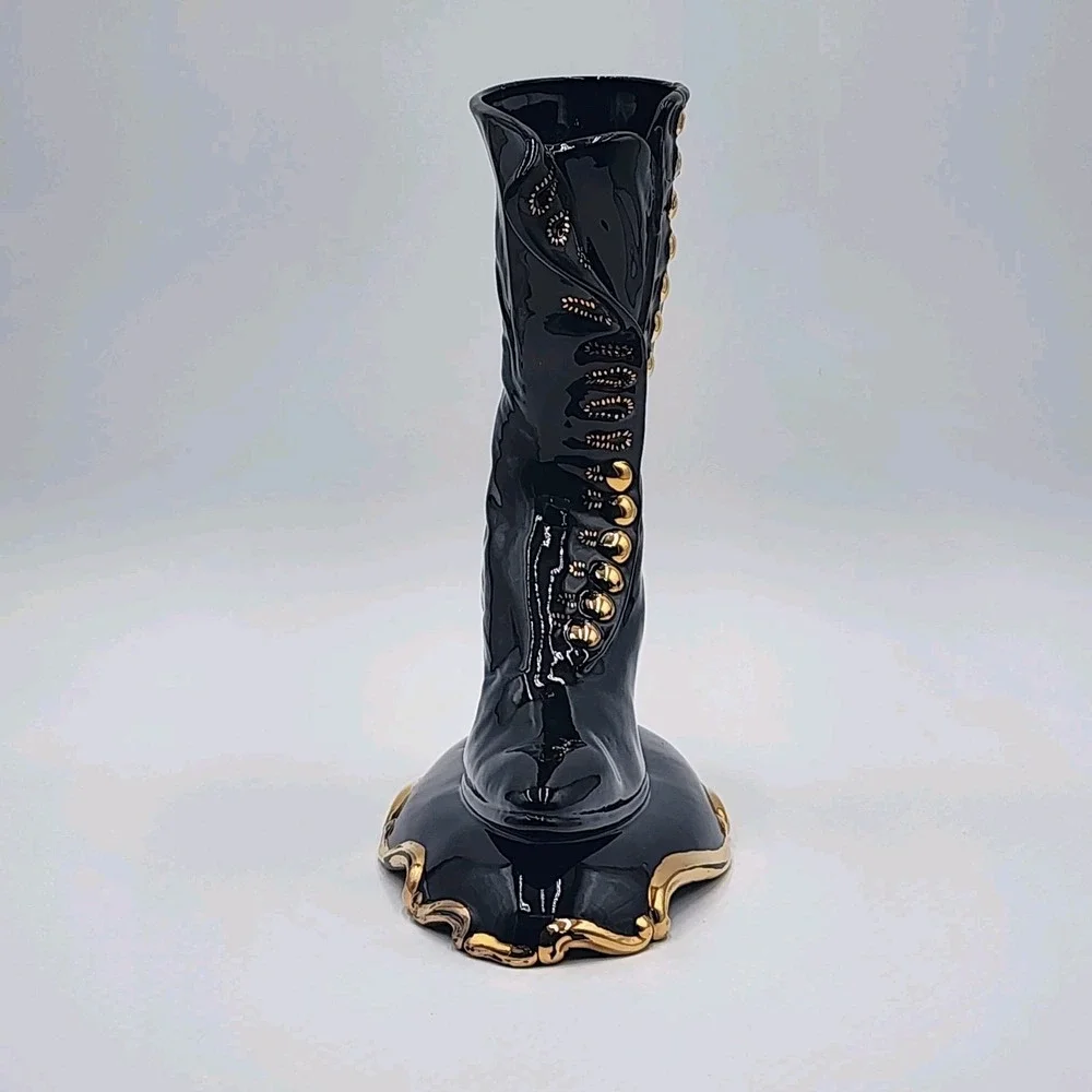 Vintage Ceramic Victorian Boot Vase Planter Black Gold Attributed Atlantic Mold